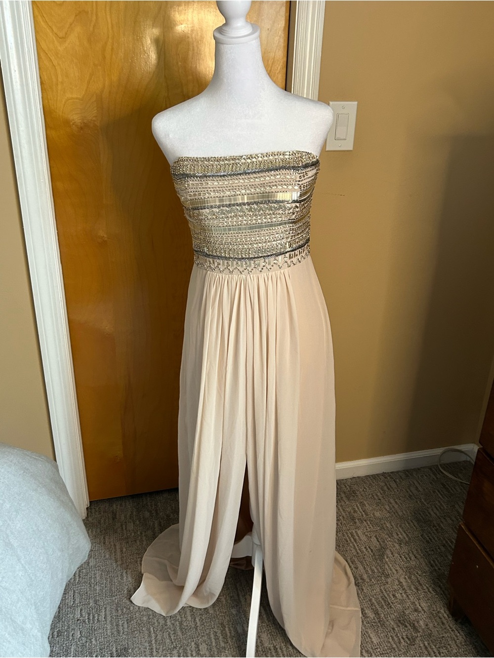 Aidan by Aidan Mattox Strapless Beaded Bodice Chiffon Gown in Champagne and Gold